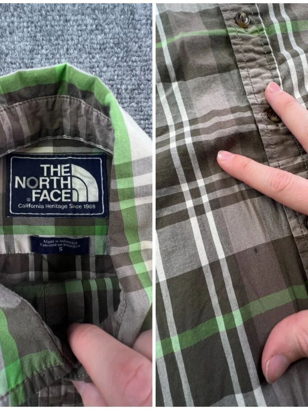 The North Face Button Up Shirt Men’s Small Gray Green Plaid Casual Short Sleeve